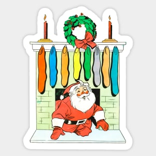 Santa Claus enters through the chimney and finds many socks. Retro Vintage Comic Cartoons Sticker